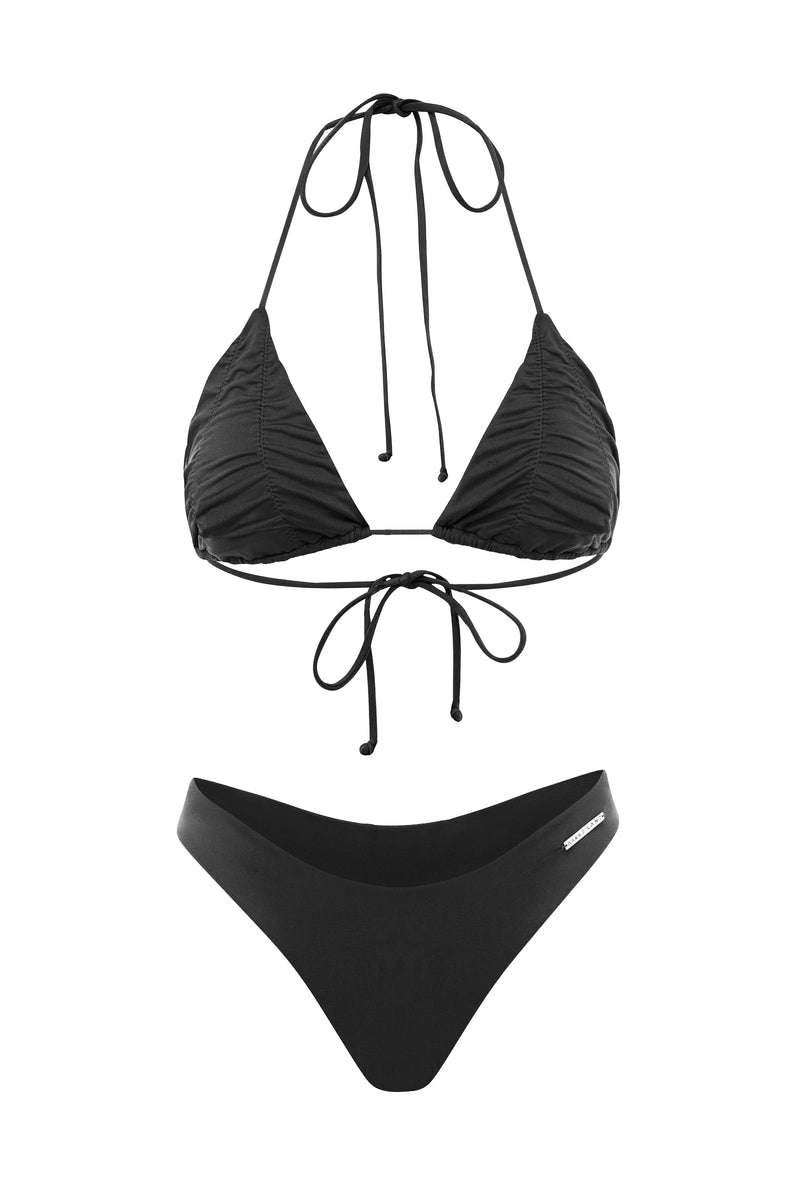high waist black tie top cheeky bottom bikini set