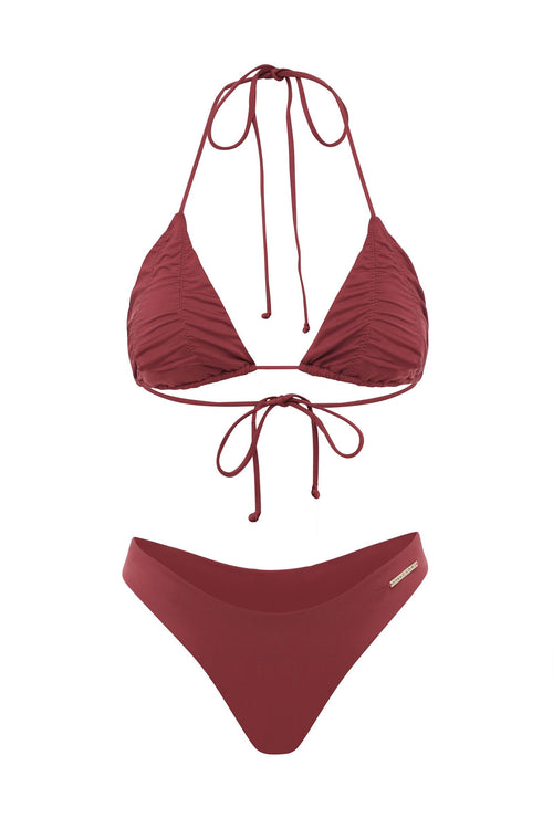 high waist cheeky dark pink maroon bikini tie top set