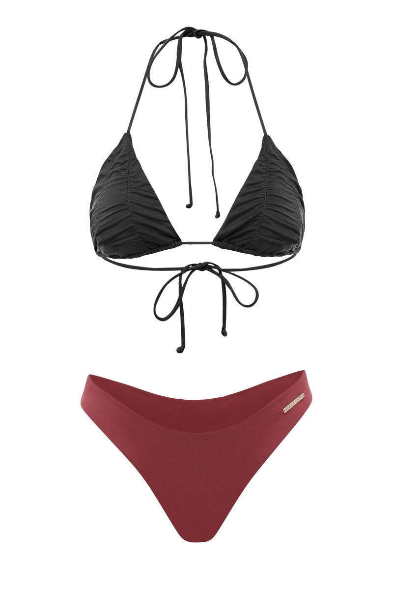 high waist cheeky dark pink maroon bikini bottom black bikini tie top set