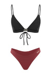 high waist cheeky dark pink maroon bikini bottom black bikini strap top set