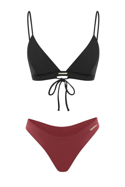 high waist cheeky dark pink maroon bikini bottom black bikini strap top set