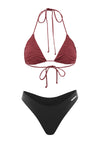 high waist black cheeky bottom bikini with maroon pink triangle bikini top