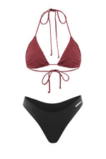 high waist black cheeky bottom bikini with maroon pink triangle bikini top