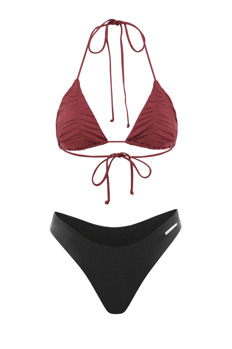 high waist black cheeky bottom bikini with maroon pink triangle bikini top