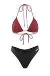 eco rusty pink maroon triangle bikini top high waist cheeky black bikini bottom