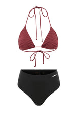 rusty pink maroon triangle bikini top high waist black bikini bottom